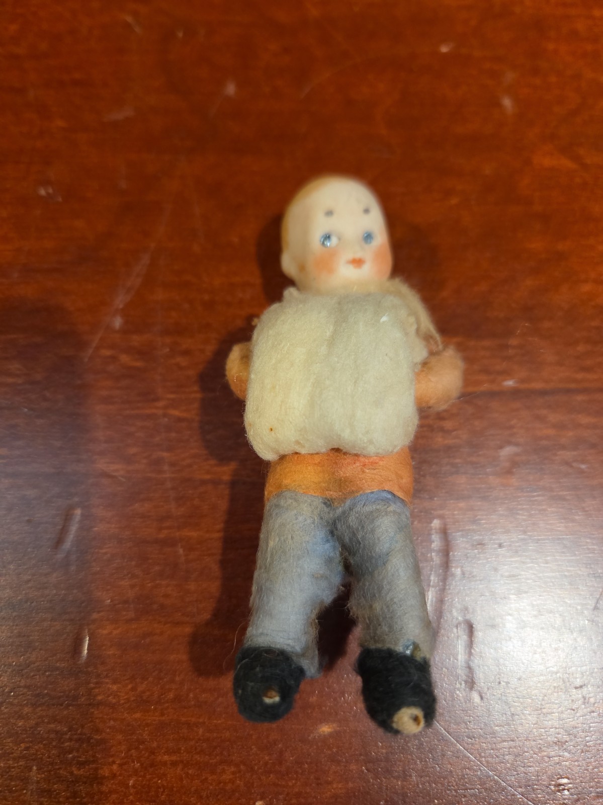 Antique German Spun Cotton Winter Boy Figure Bisque Head Ornament 3.25\