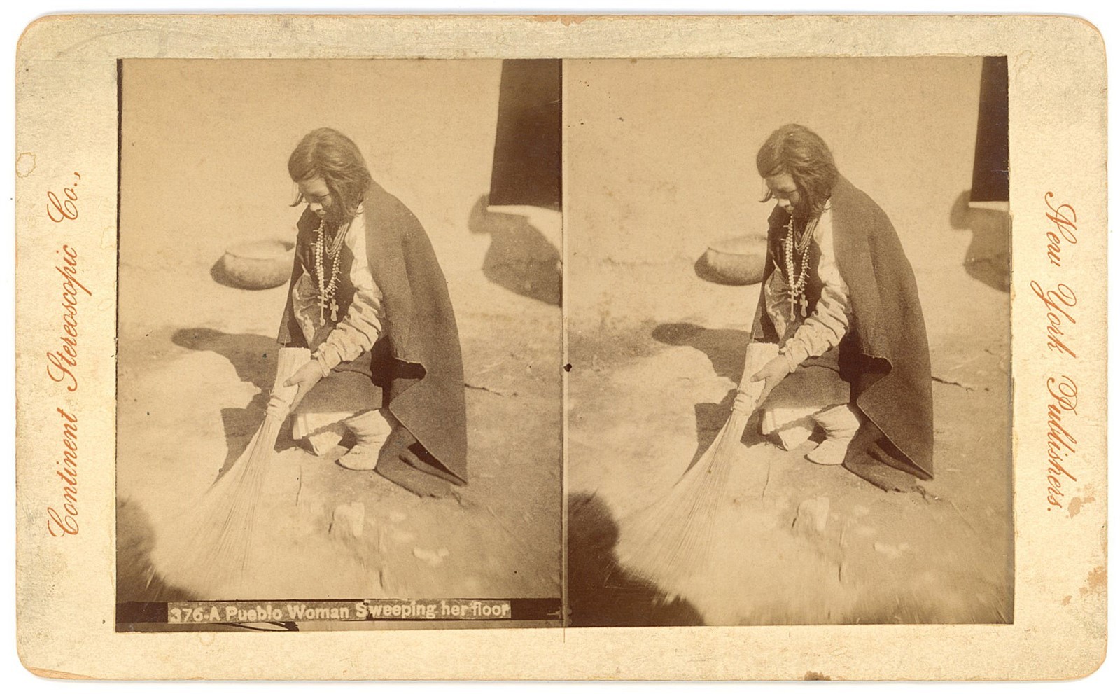 ARIZONA STEREOVIEW - Pueblo Woman Sweeping Her Floor - Continent Stereo Co 1880s