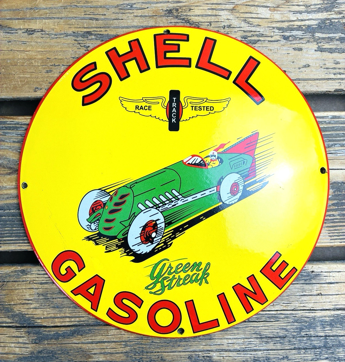 VINTAGE DOME SHELL GASOLINE Green Streak RACE TRACK PORCELAIN PUMP STATION SIGN