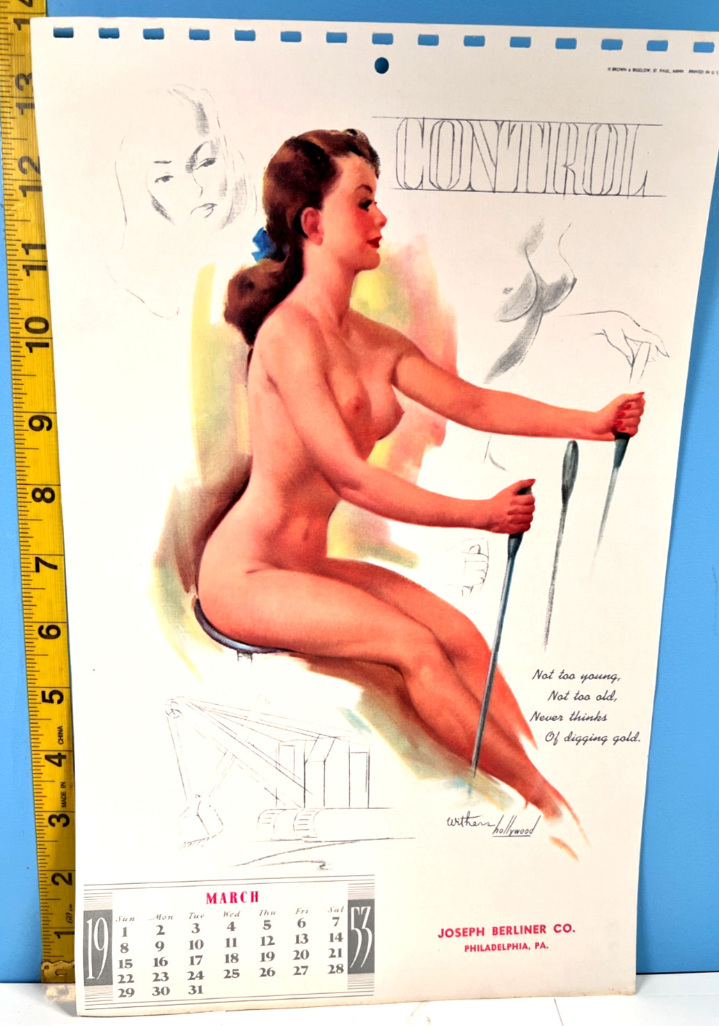 1953 Ted Withers Hollywood Pinup Girl B&B Calendar Page MARCH - CONTROL
