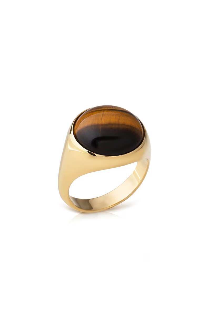 Oval Tiger Eye Signet Ring in 18K Yellow Gold Over Chunky Gemstone Ring