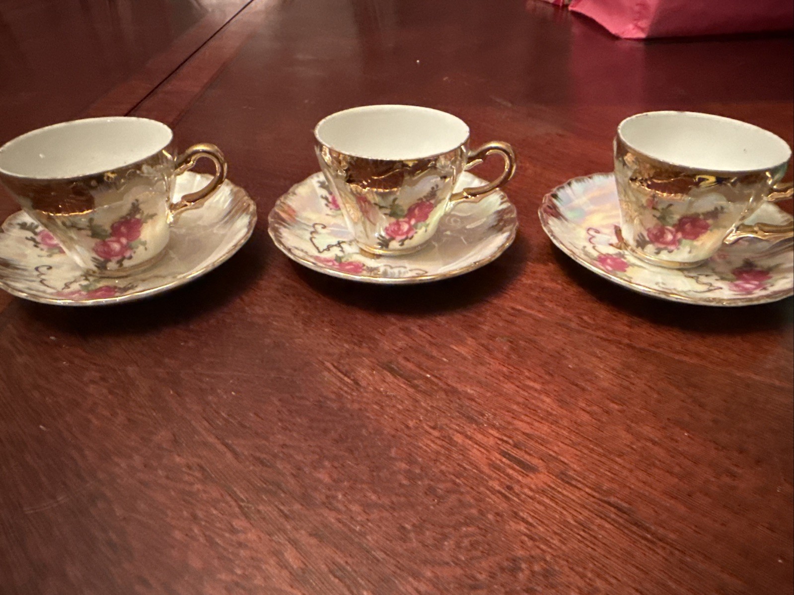 Vintage Royal Sealy Iridescent Bone China Set of 3 Cups and Saucers Gold Trim