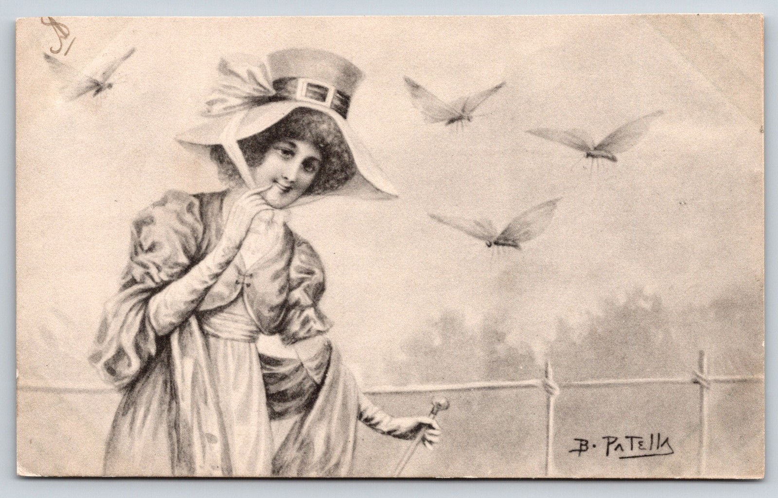 A/S B Patella~Fashionable Lady w/Knob Handle Walking Stick~Large Butterflies~B&W