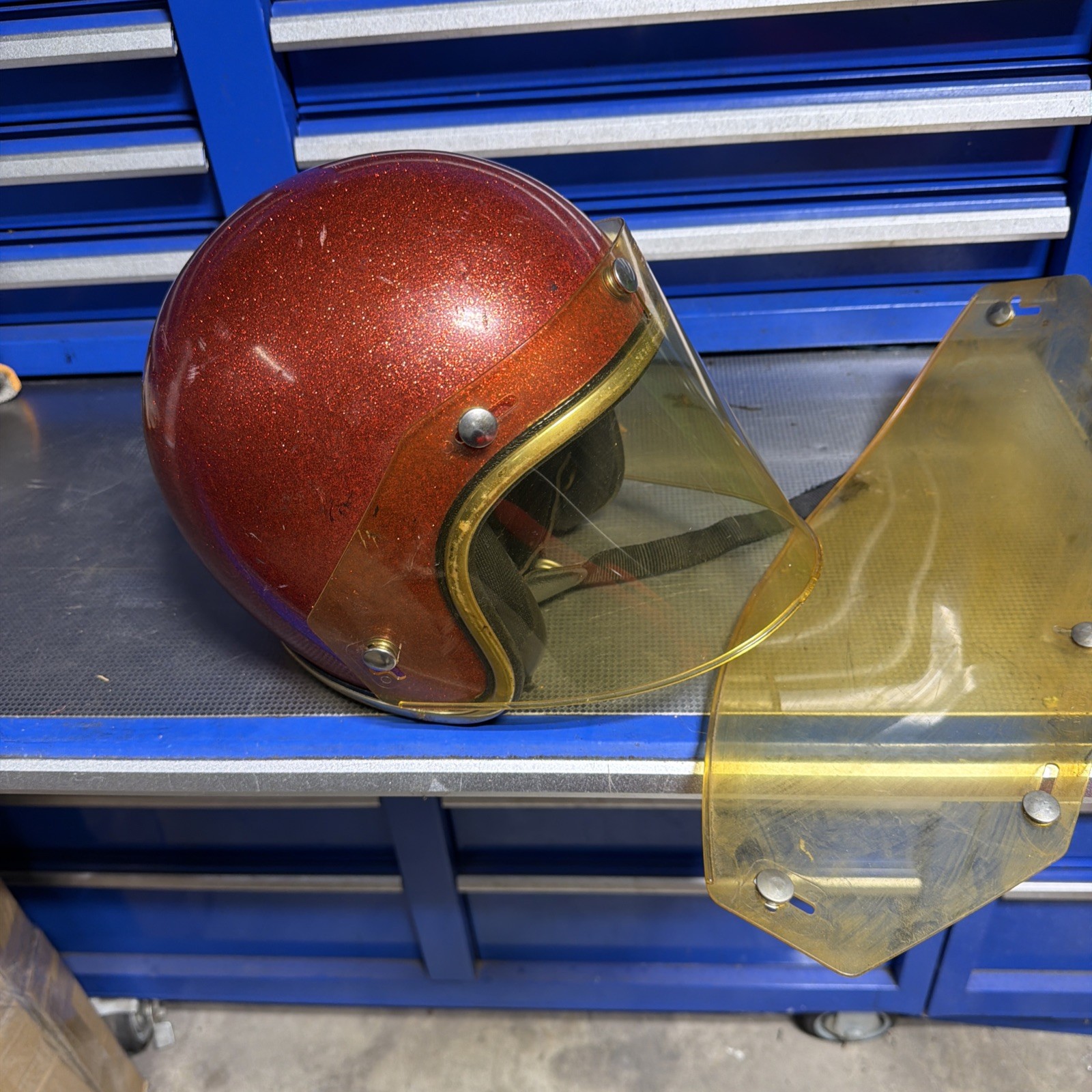 Vintage 1971s Arthur Fulmer AF- 40 Red/Orange Metal Flake Helmet. Small.
