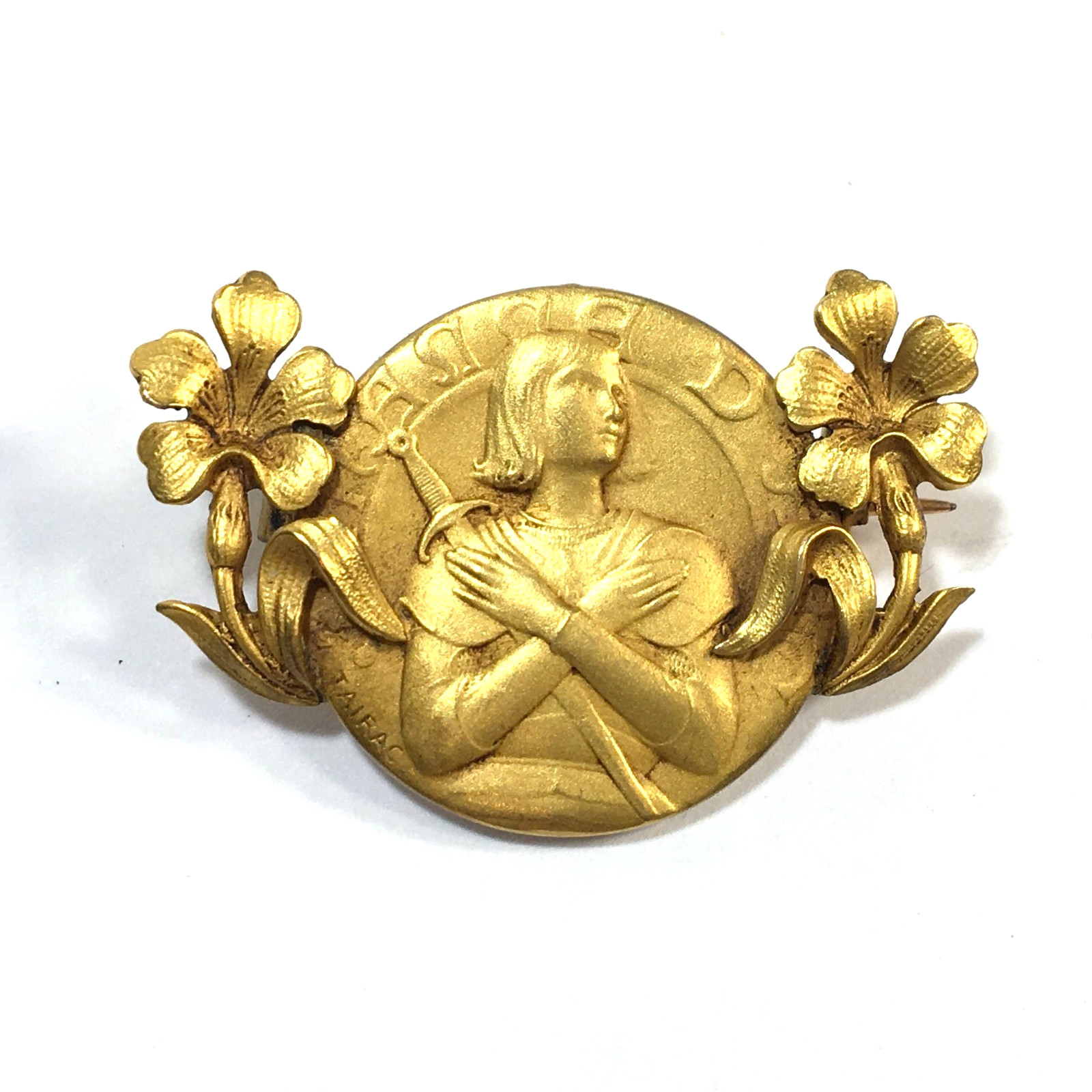 Antique Saint Joan of Arc Jeanne d Arc Gold Filled Brooch Pin Signed FIX TAIRAC