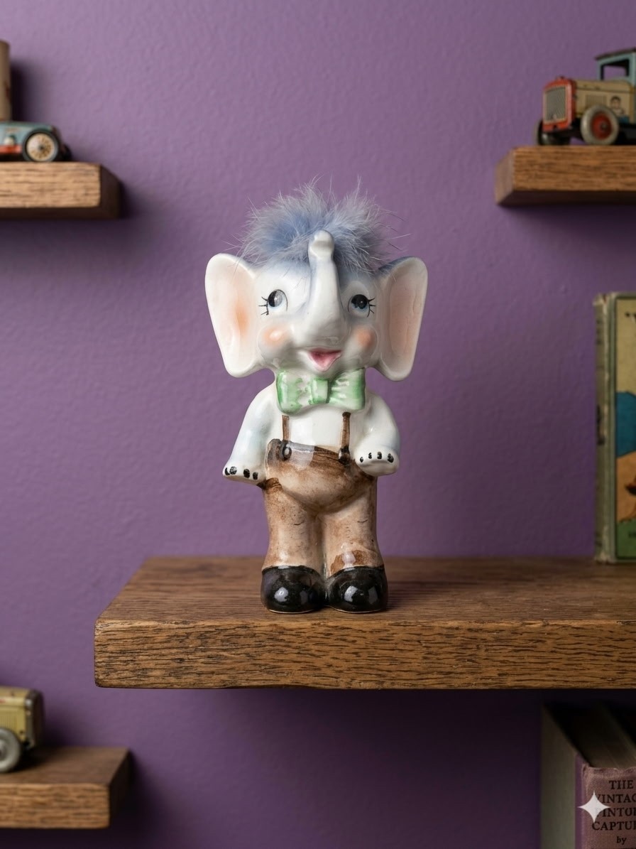 Anthropomorphic Elephant Troll Hair Vintage 1950s Porceline Figurine
