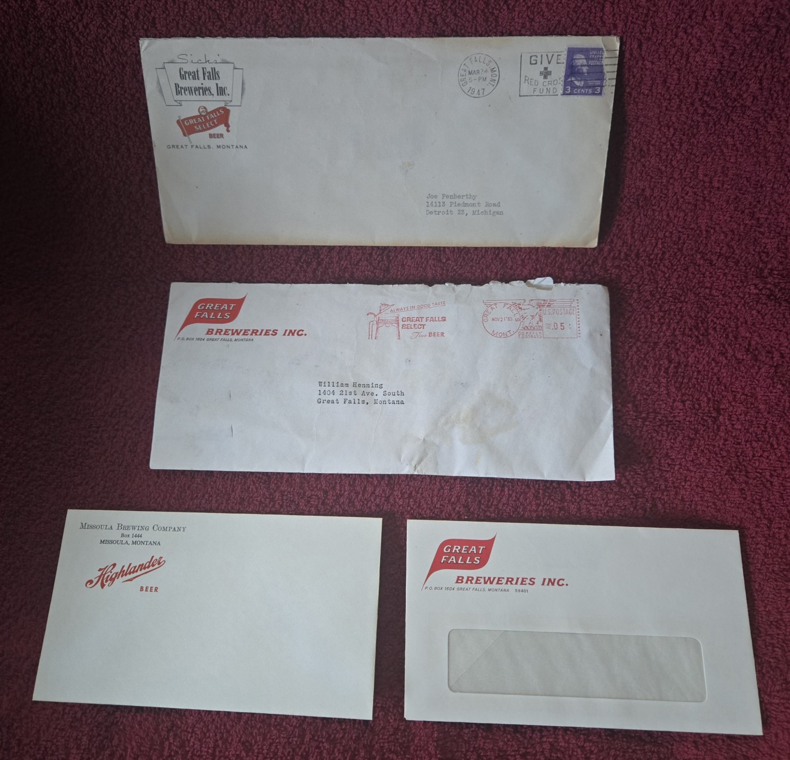 4 Vintage Montana Brewery Envelopes Sicks' Great Falls Select & Highlander Beer