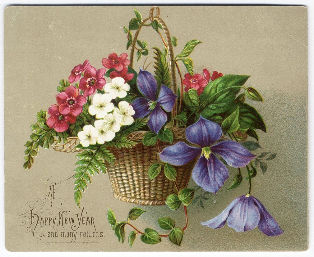 Victorian NEW YEAR Greeting Card Hanging BASKET OF FLOWERS Bouquet 1880's Victorian NEW YEAR Greeting Card Hanging BASKET OF FLOWERS Bouquet 1880's