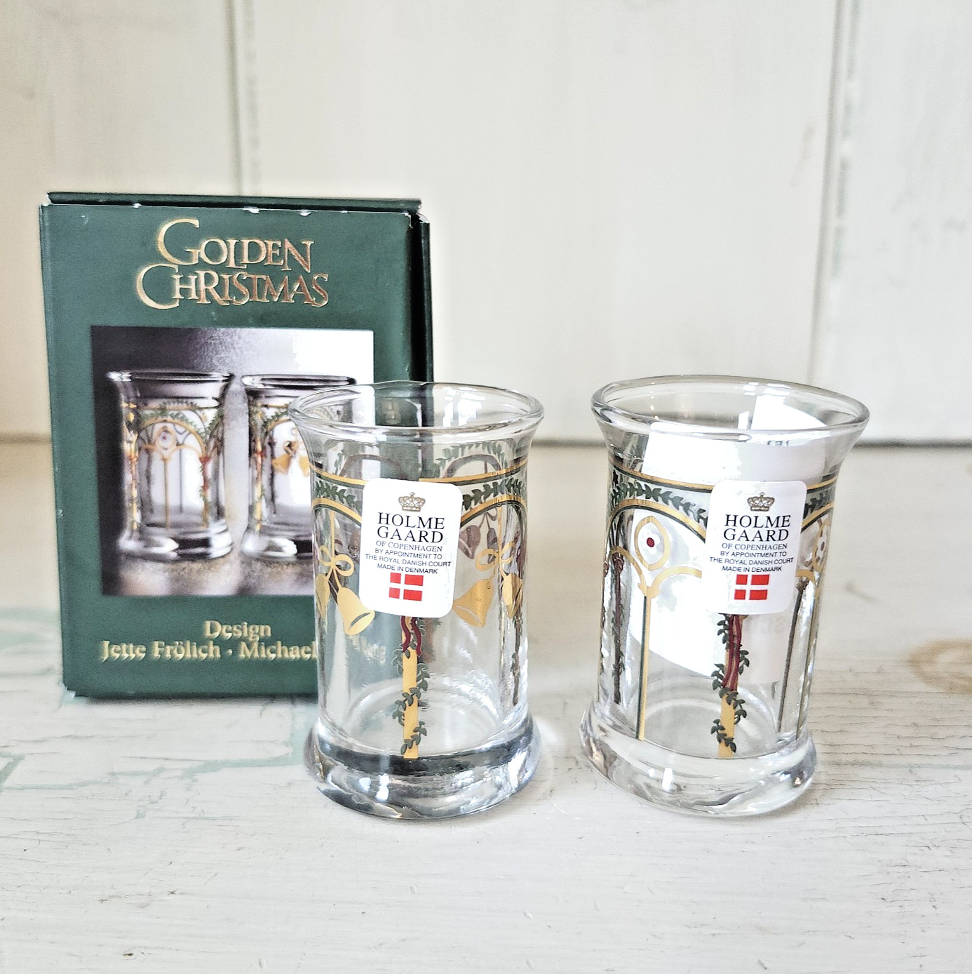 Vintage Holmegaard Michael Bang NIB set of Christmas Dram Shot Glasses set of 2