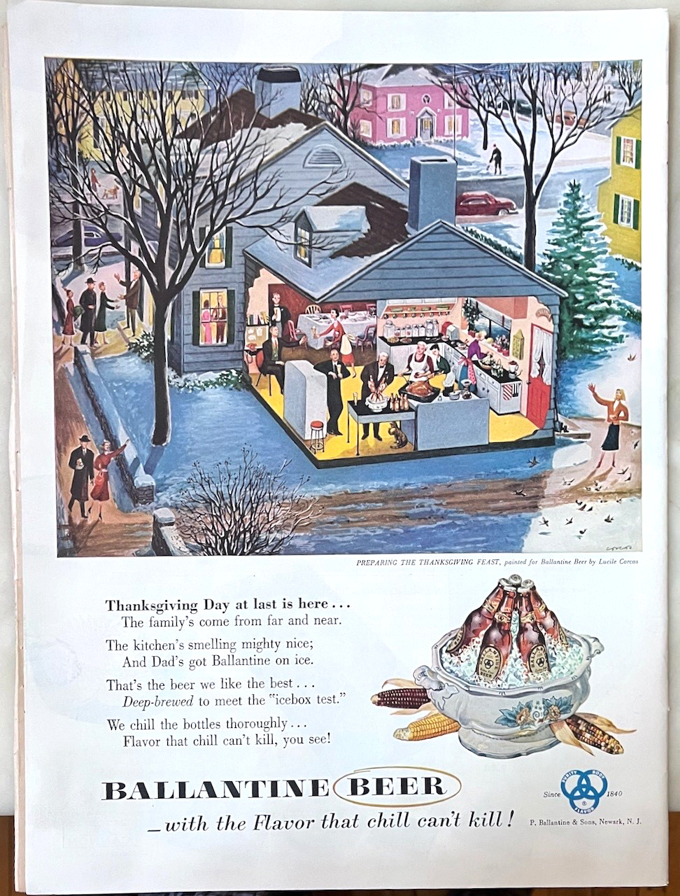 1953 magazine ad for Ballantine Beer - Preparing Thanksgiving  by Lucile Corcos