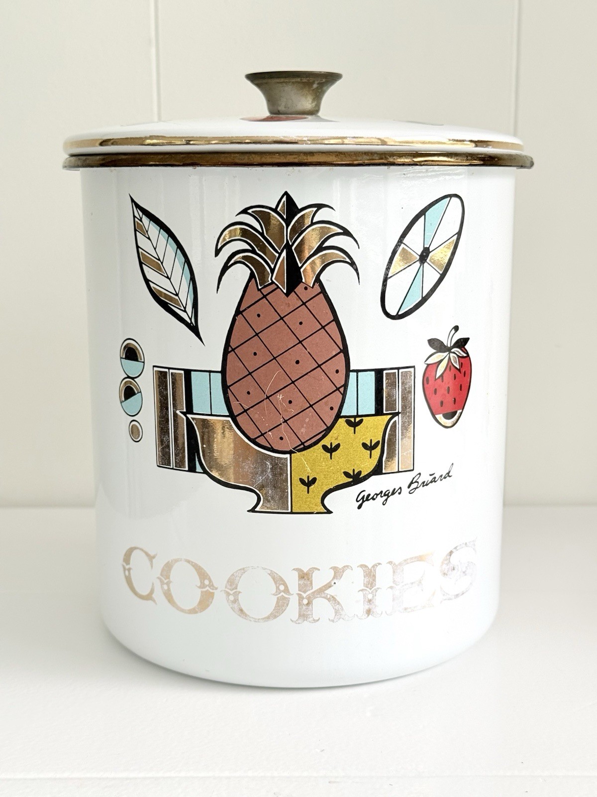 Vintage 1960s George’s Briard Emamelware Cookie Jar Ambrosia Pattern Signed Vintage 1960s George’s Briard Emamelware Cookie Jar Ambrosia Pattern Signed