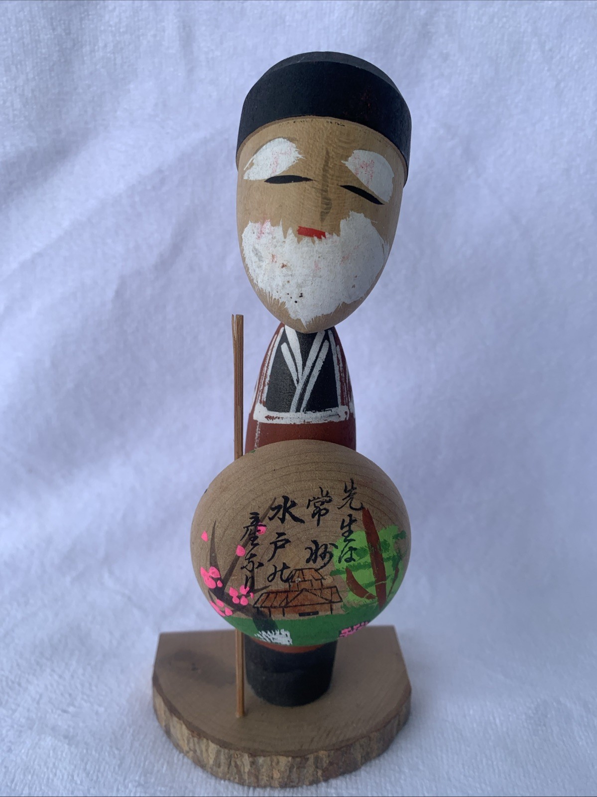 VTG Japanese Sosaku Kokeshi Doll Mito Komon Tokugawa Family Crest Wood Carved