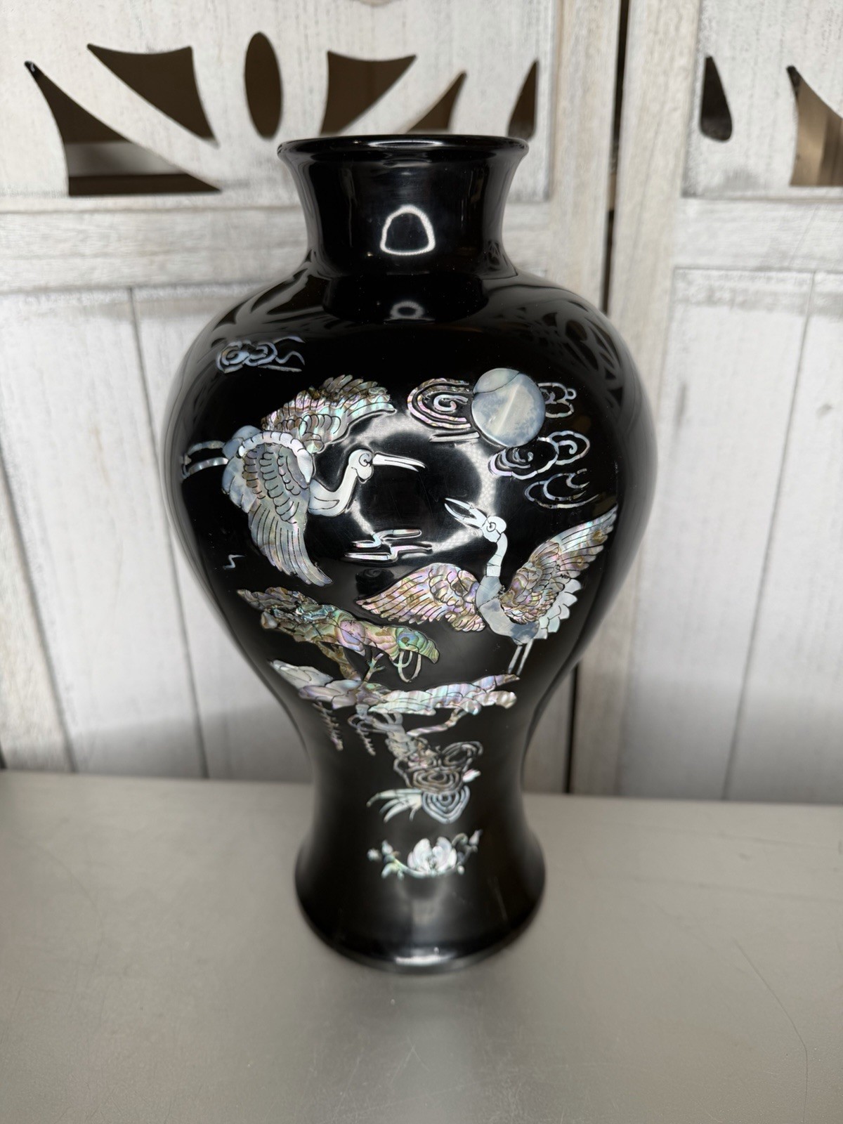 VTG Asian Korean Vase Black Lacquer Mother of Pearl Peacock Stork Floral