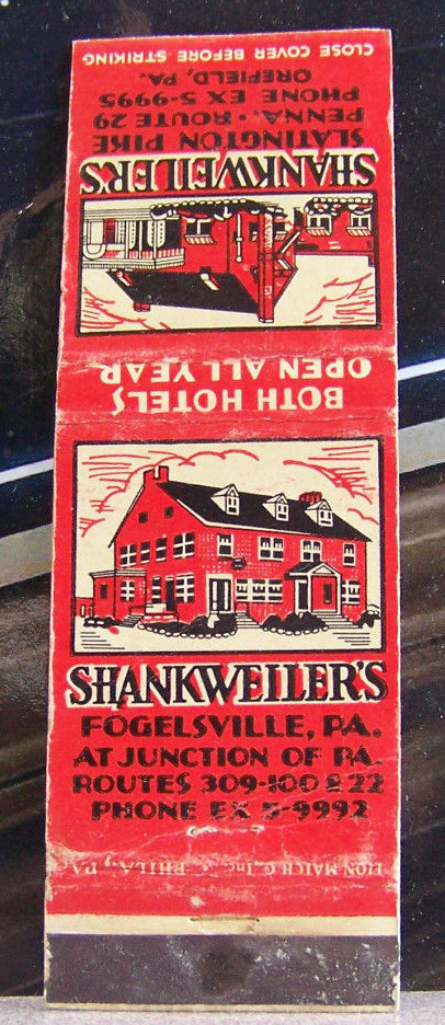   Rare Vintage Matchbook Cover B2 Fogelsville Pennsylvania Shankweiler\'s Hotel