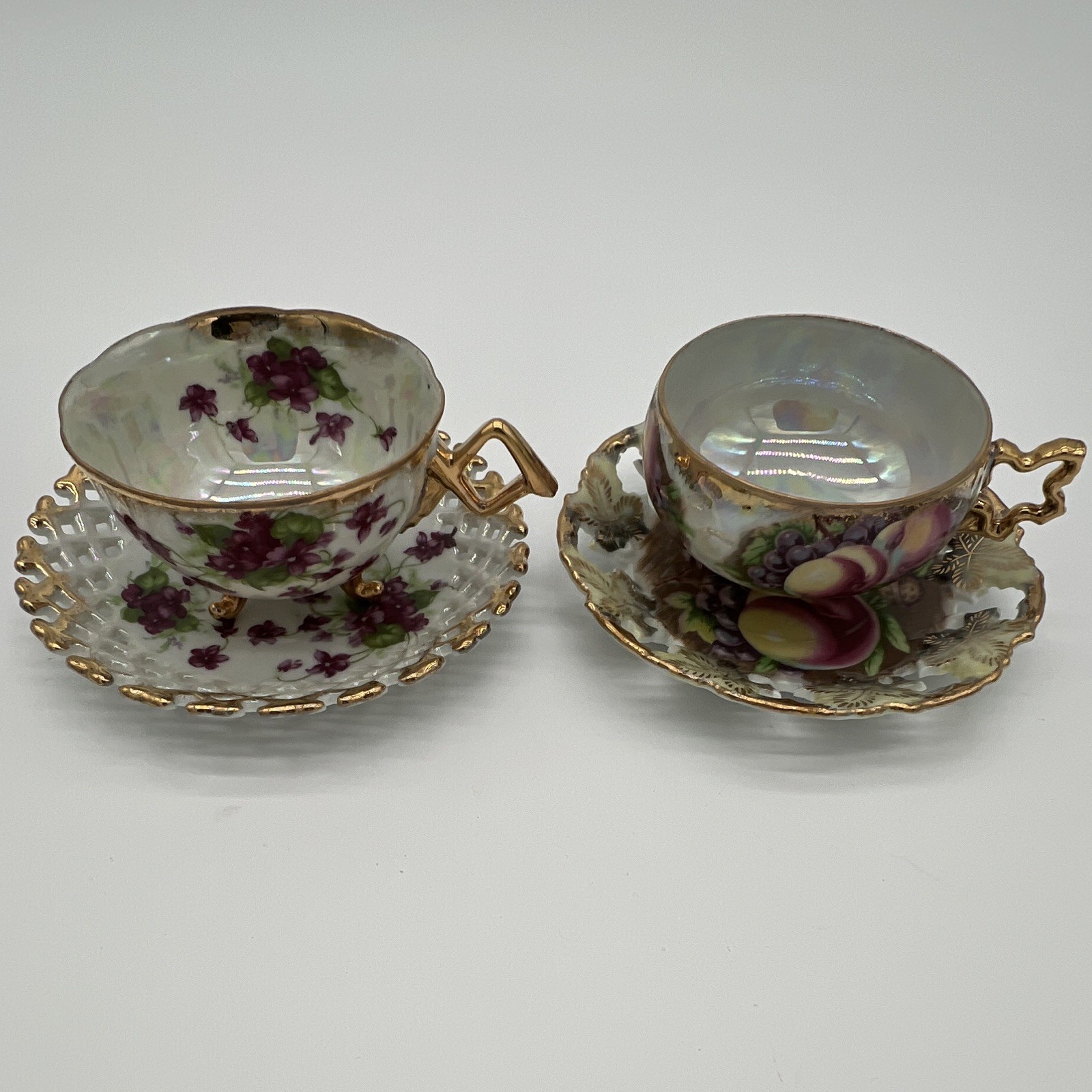 VTG Royal Sealy Japan Iridescent Lusterware Teacup Saucer & Reticulated Violet VTG Royal Sealy Japan Iridescent Lusterware Teacup Saucer & Reticulated Violet