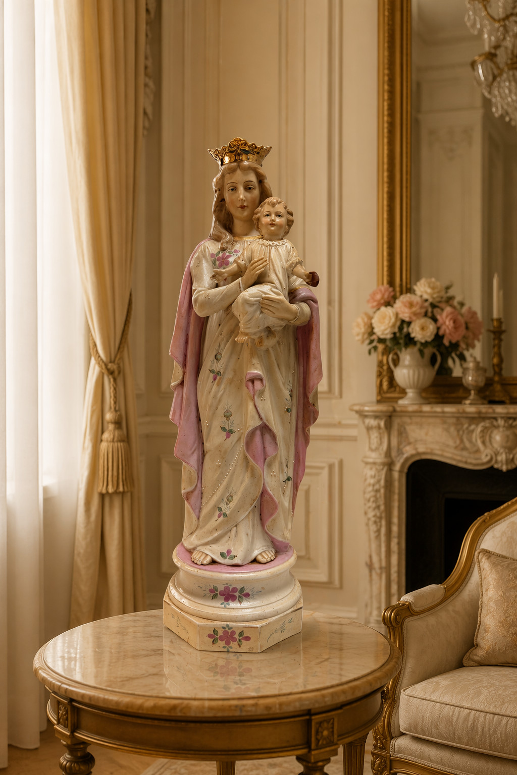 17.5” Vintage Porcelain Madonna & Child Statue Crowned Virgin Mary Hand-Painted