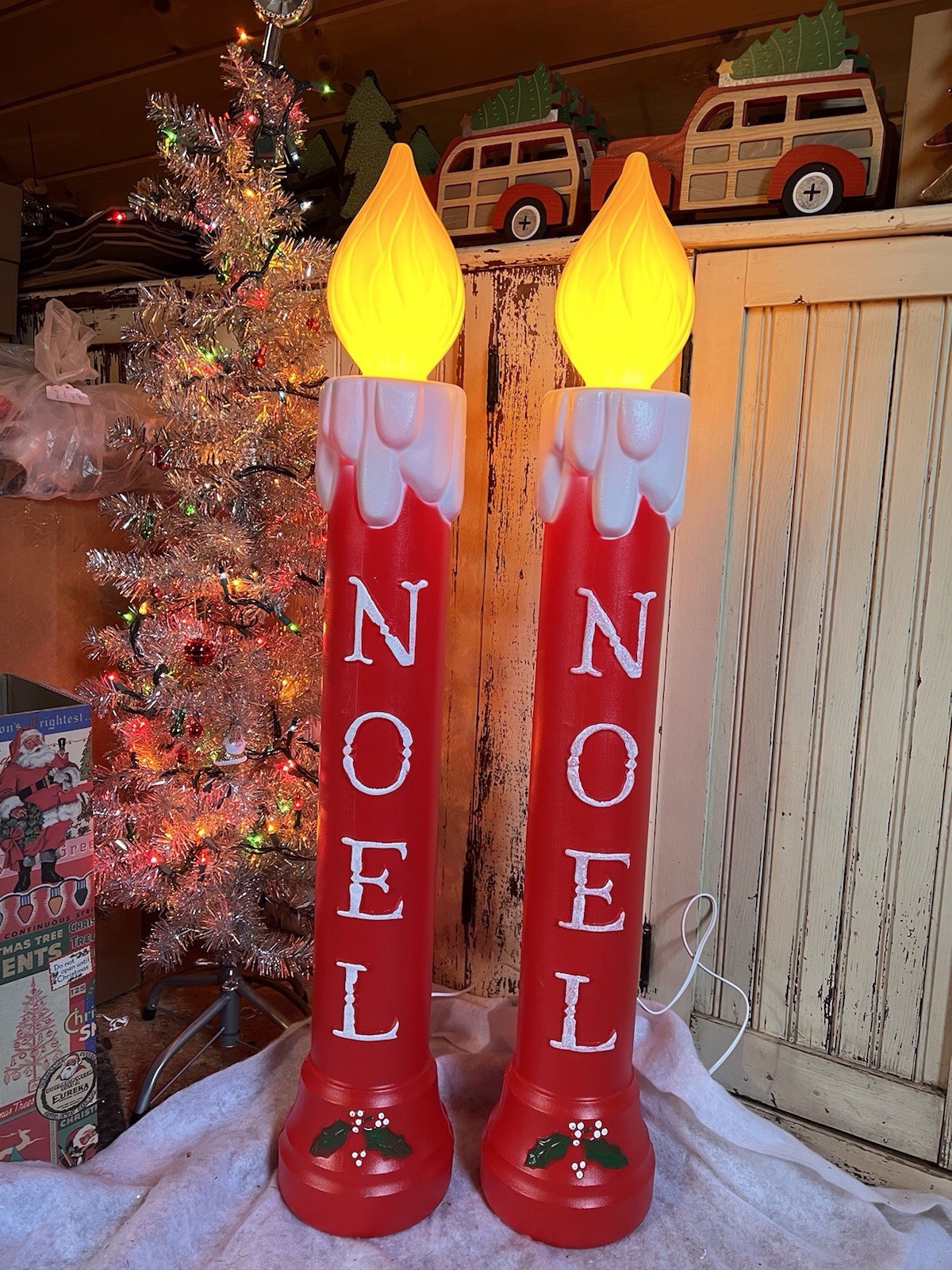 Blow Mold Noel Frosted Tops Christmas Candles Union Products 39” Pair New Blow Mold Noel Frosted Tops Christmas Candles Union Products 39” Pair New