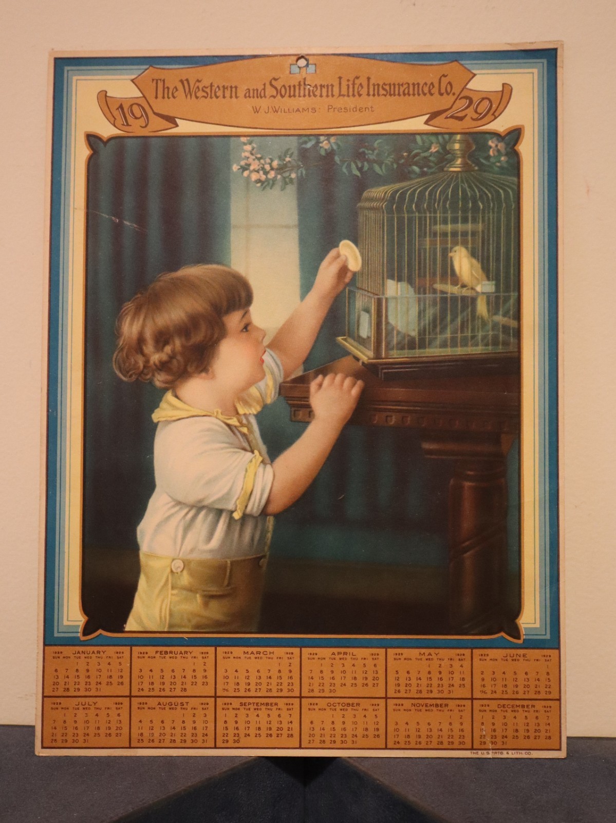 Antique 1929 Advertising Calendar Litho of Child & Canary in Cage 8.5\ Antique 1929 Advertising Calendar Litho of Child & Canary in Cage 8.5\