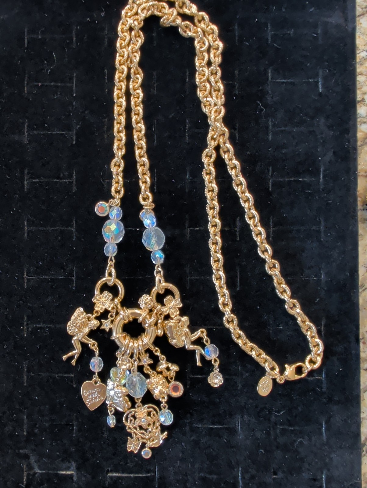 VINTAGE KIRKS FOLLY CRYSTAL FAIRIES HEART CHARMS GOLD TONE NECKLACE New?