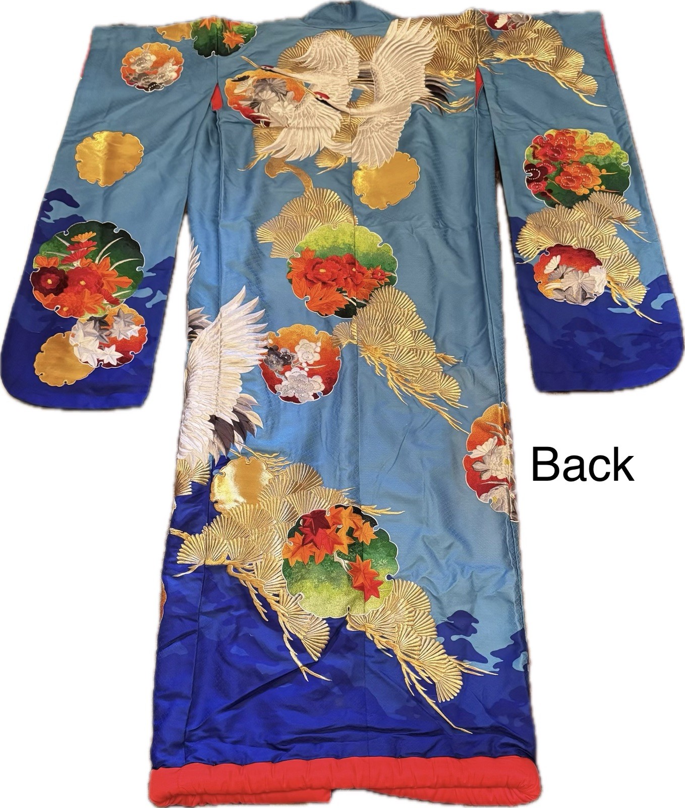 Vintage Japanese Uchikake Wedding Robe Blue Colorful w/ Crane & Flowers Vintage Japanese Uchikake Wedding Robe Blue Colorful w/ Crane & Flowers