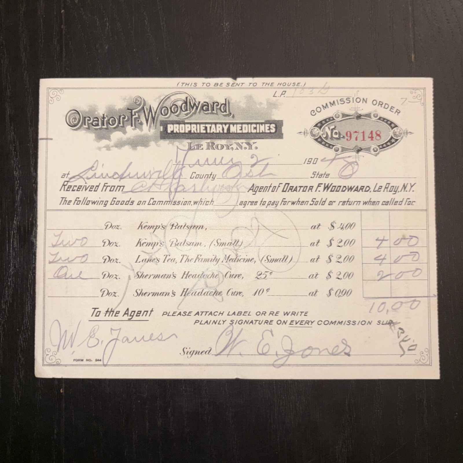 Orator F. Woodward Proprietary Medicines Leroy, NY 1904 Invoice (Jell-O)