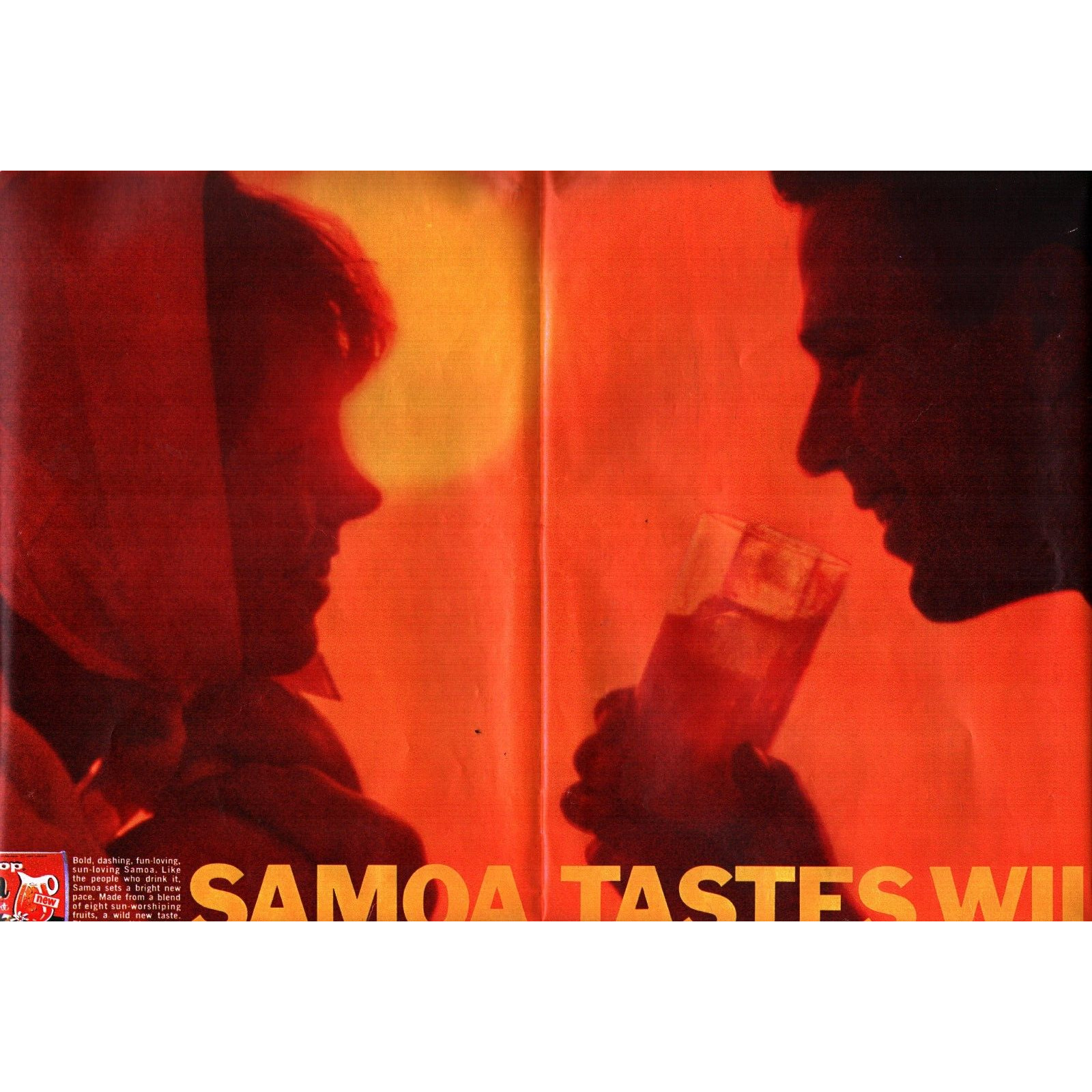 1964 Snow Crop Fruit Juices Sexy COUPLE Ad SAMOA TASTE WILD C5