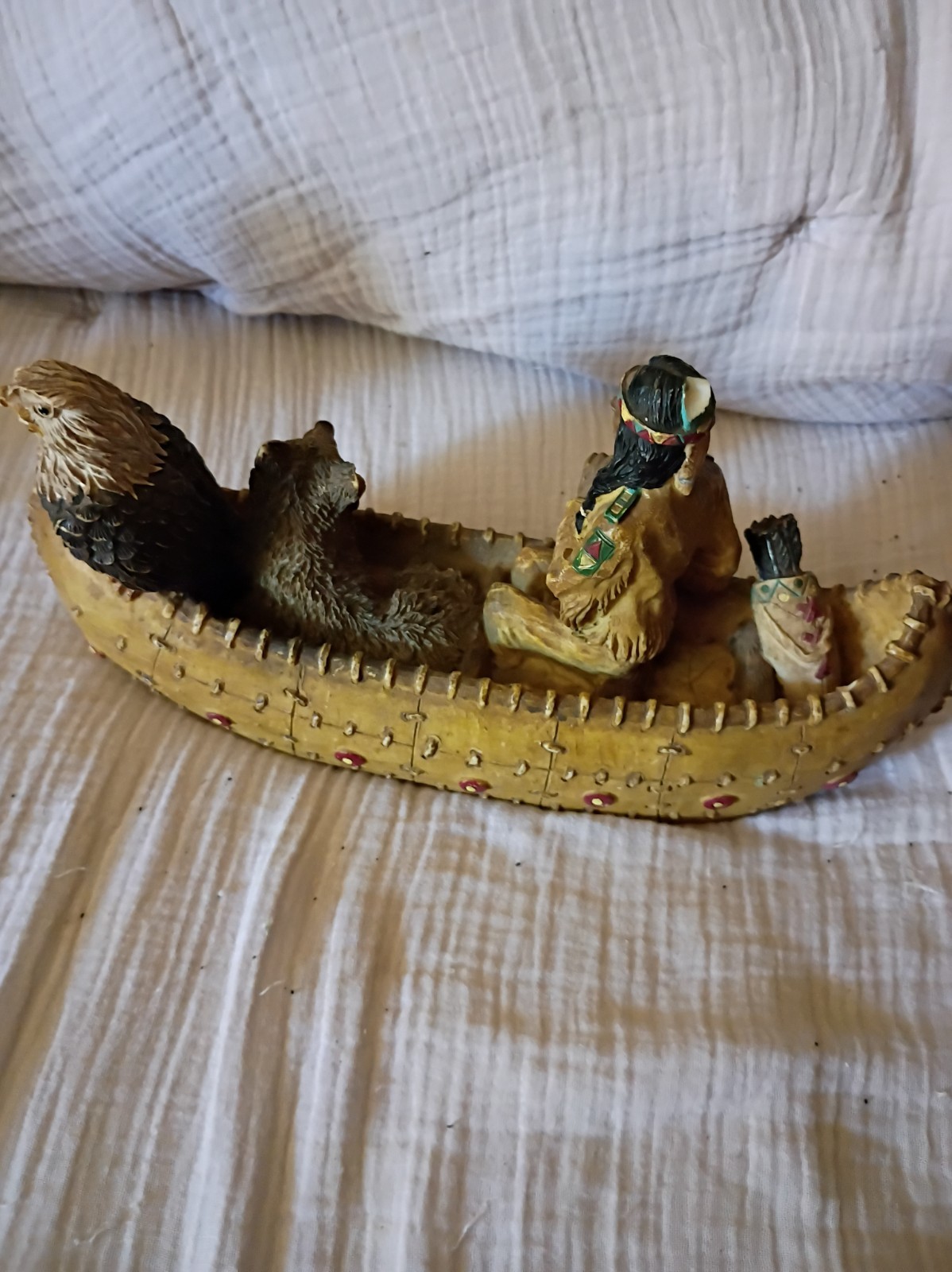 Vintage American Indian In Canoe Resin Figure w/ Dog and Bald Eagle 9.5\