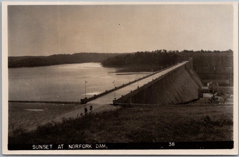 c1940s NORFORK DAM Arkansas Real Photo RPPC Postcard Sunset Scene / Panorama