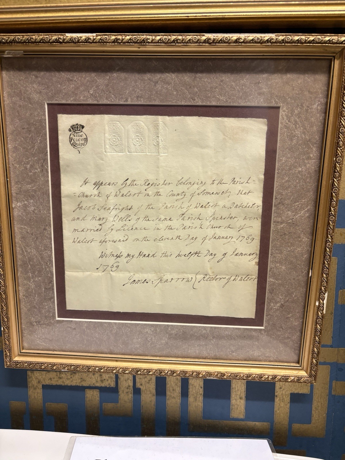 marriage Document 1769 Walcott Somerset, England With Tax Stamps George III marriage Document 1769 Walcott Somerset, England With Tax Stamps George III