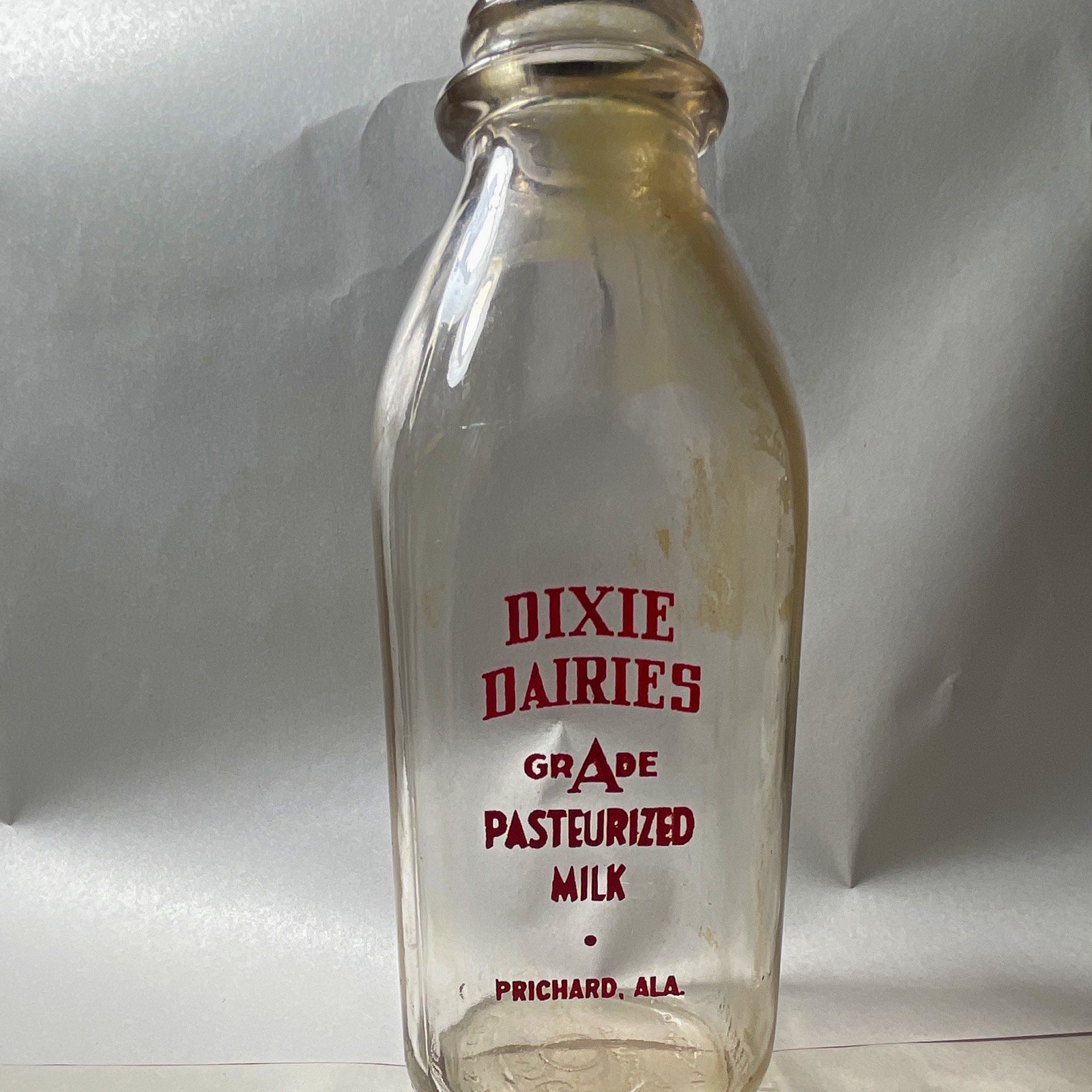 Dixie Dairies Rare Vintage Pasteurized Milk Clear Glass Bottle Prichard, Ala.