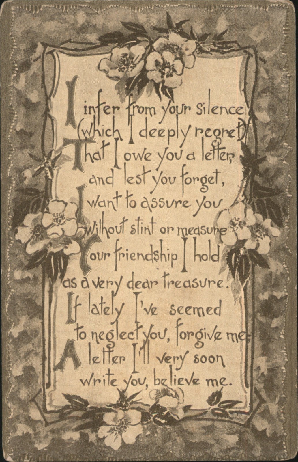Sentimental Friendship Poem with Floral Border, Apology for Silence Poetry