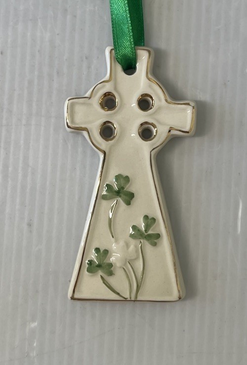 White Ceramic Celtic Cross Christmas Ornament w/Shamrocks 3.5” SALE White Ceramic Celtic Cross Christmas Ornament w/Shamrocks 3.5” SALE