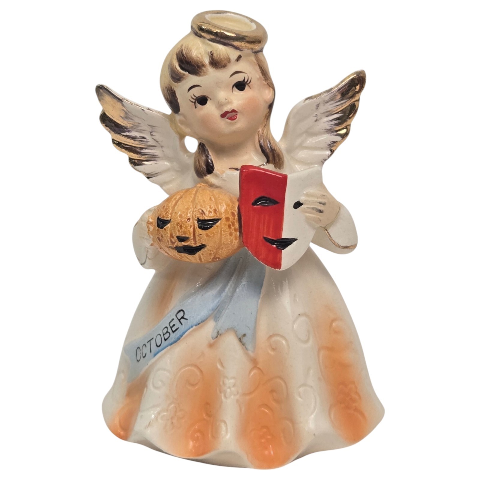 Vintage October Angel Halloween Ceramic Birthday With Pumpkin Mask Japan Flaws