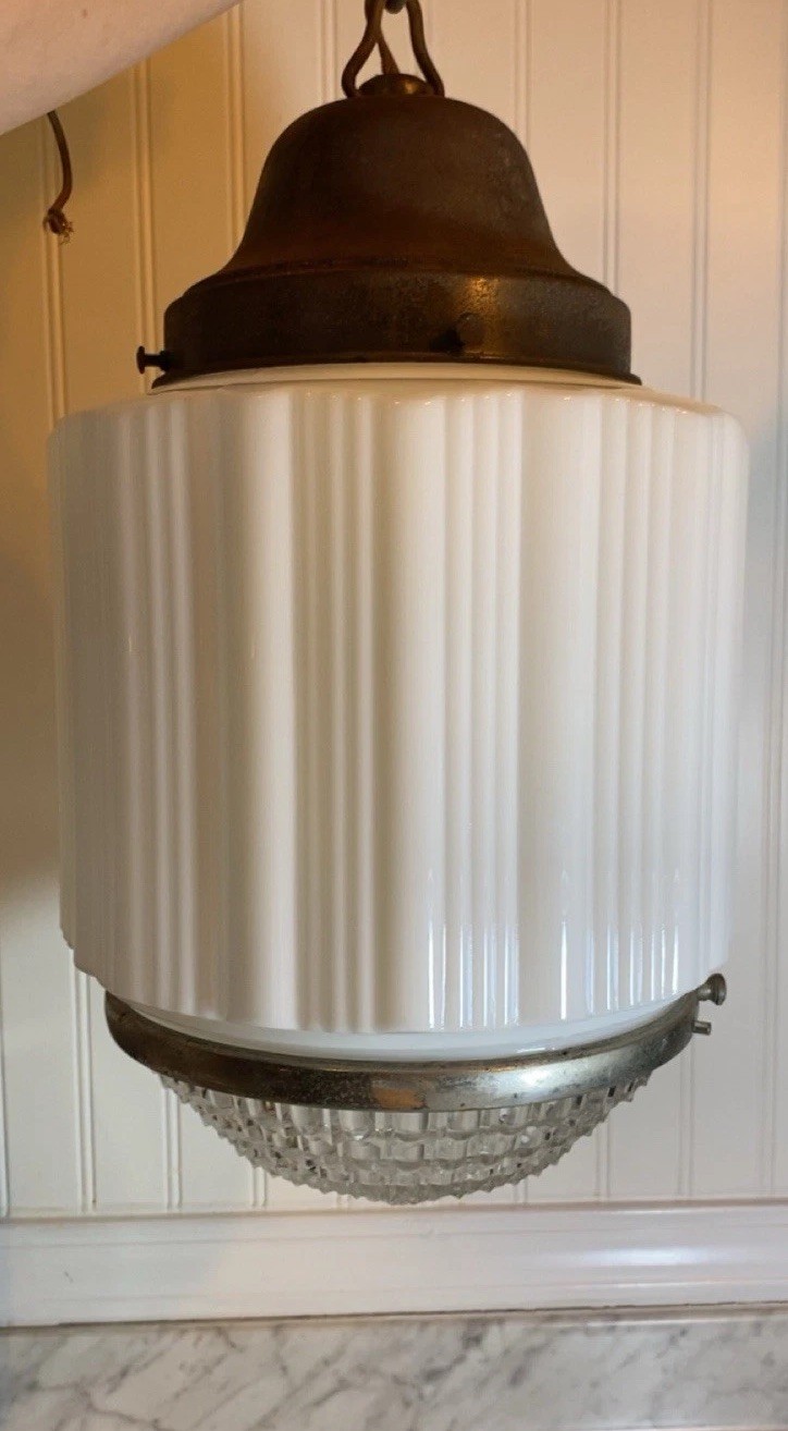 Vintage Antique 1920s-30s Art Deco Milk Glass & Crystal Skyscraper Pendant Light Vintage Antique 1920s-30s Art Deco Milk Glass & Crystal Skyscraper Pendant Light