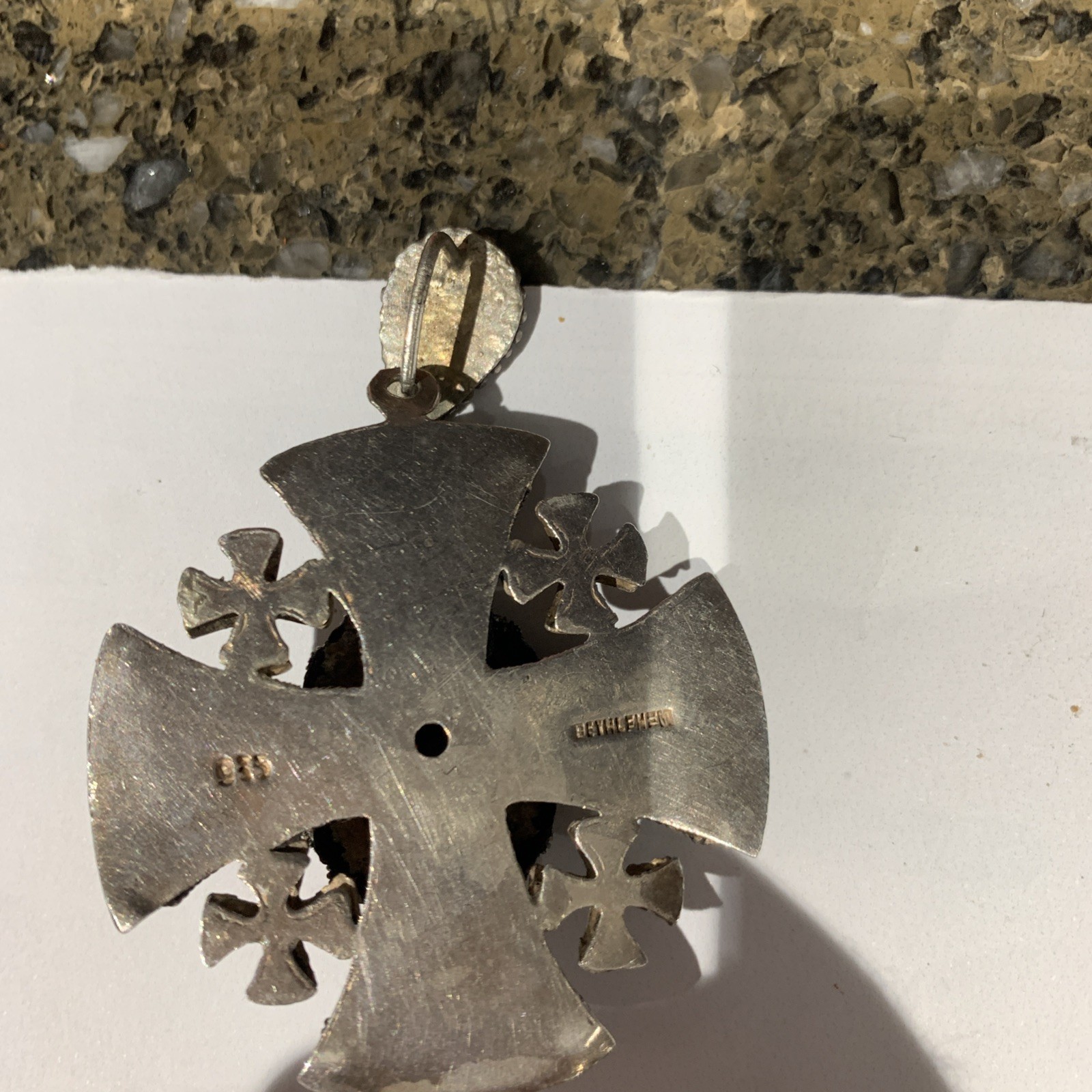 Vintage Jerusalem 995 Sterling Silver Black Stone Cross Pendant