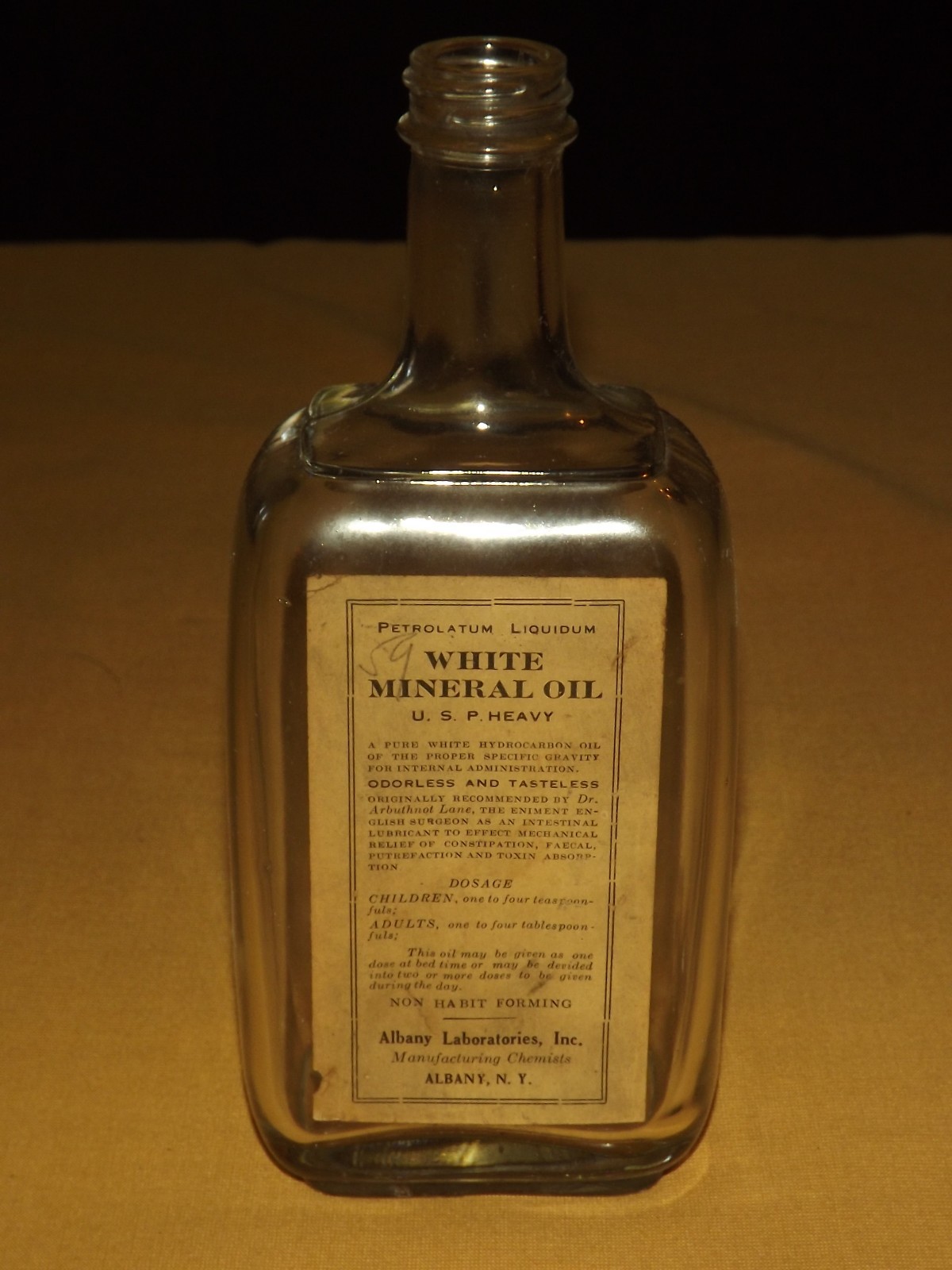 VINTAGE WHITE MINERAL OIL ALBANY NY PAPER LABEL  BOTTLE