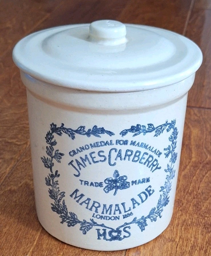 Antique James Carberry Marmalade Stoneware Crock Pottery 1/2 Gallon With Lid