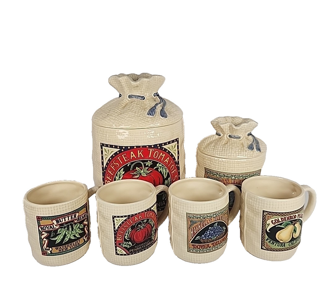 VTG 1988 Hearth & Home Designs Ceramic Canister Mug Set Burlap Feed Sack 6Pc