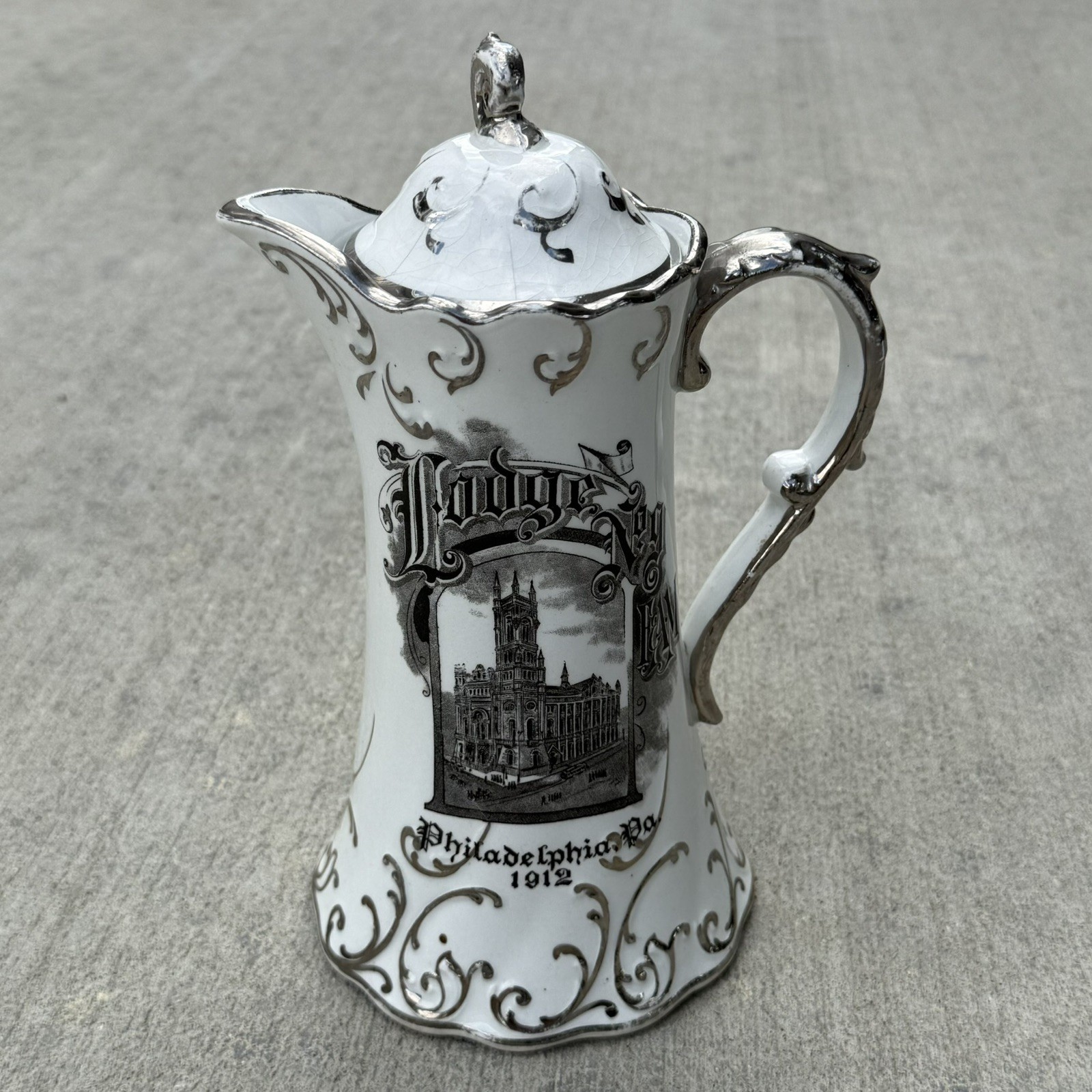 Antique Porcelain Coffee Chocolate Pot Freemason Philadelphia 1912 Rare Lodge 9