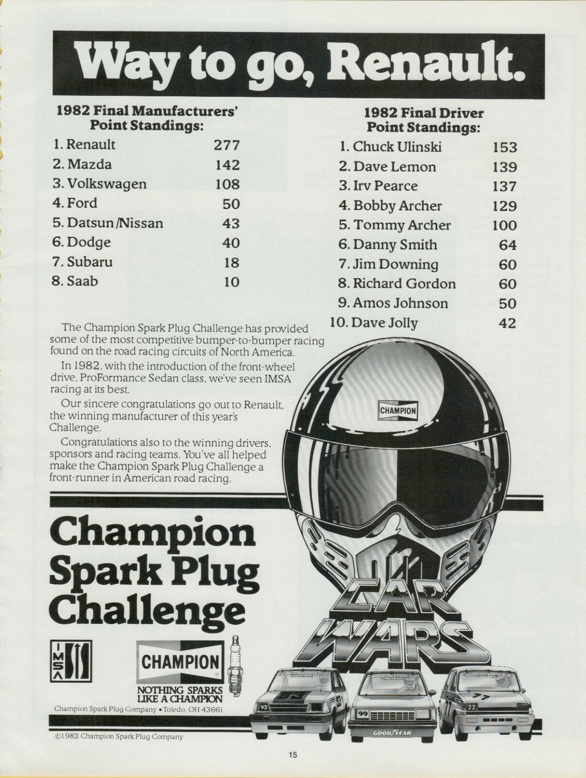 1983 Champion Spark Plug Challenge Renault Mazda Ford Racing Vintage Print Ad 1983 Champion Spark Plug Challenge Renault Mazda Ford Racing Vintage Print Ad