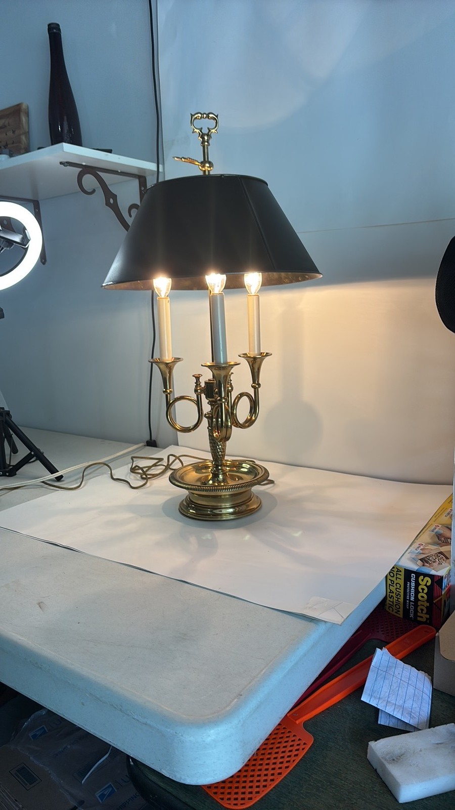 Vintage Brass triple French Horn Bouillotte Lamp with Black Tole Shade Vintage Brass triple French Horn Bouillotte Lamp with Black Tole Shade