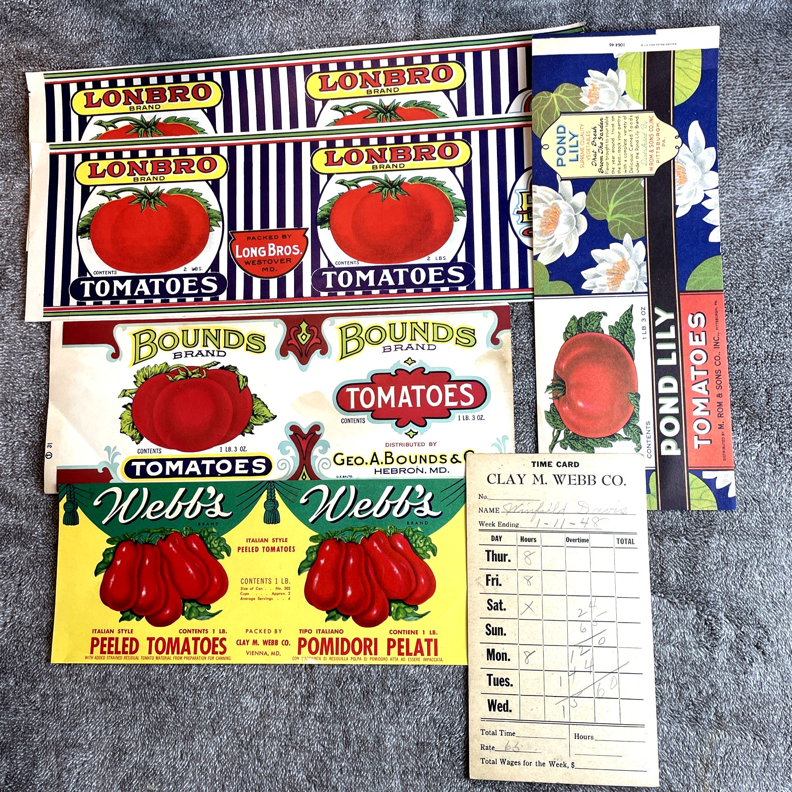 Vintage Maryland Tomato Can Labels Lonbro Webb\'s Bounds 1948 Time Card