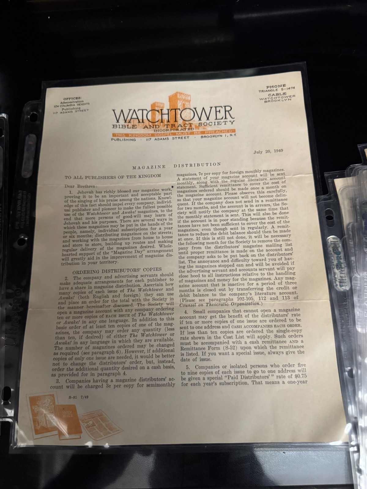 WATCHTOWER LETTER MAGAZINR DISTRIBUTION 1949