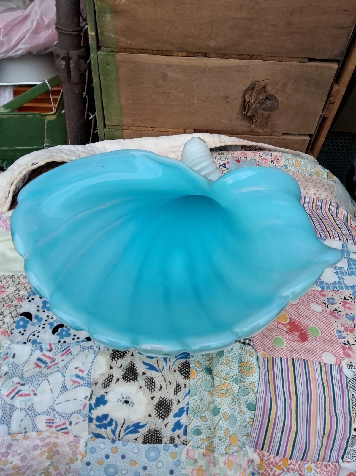 Vintage Murano Alfredo Barbini Baby Blue Conch Shell Art Glass Bowl 