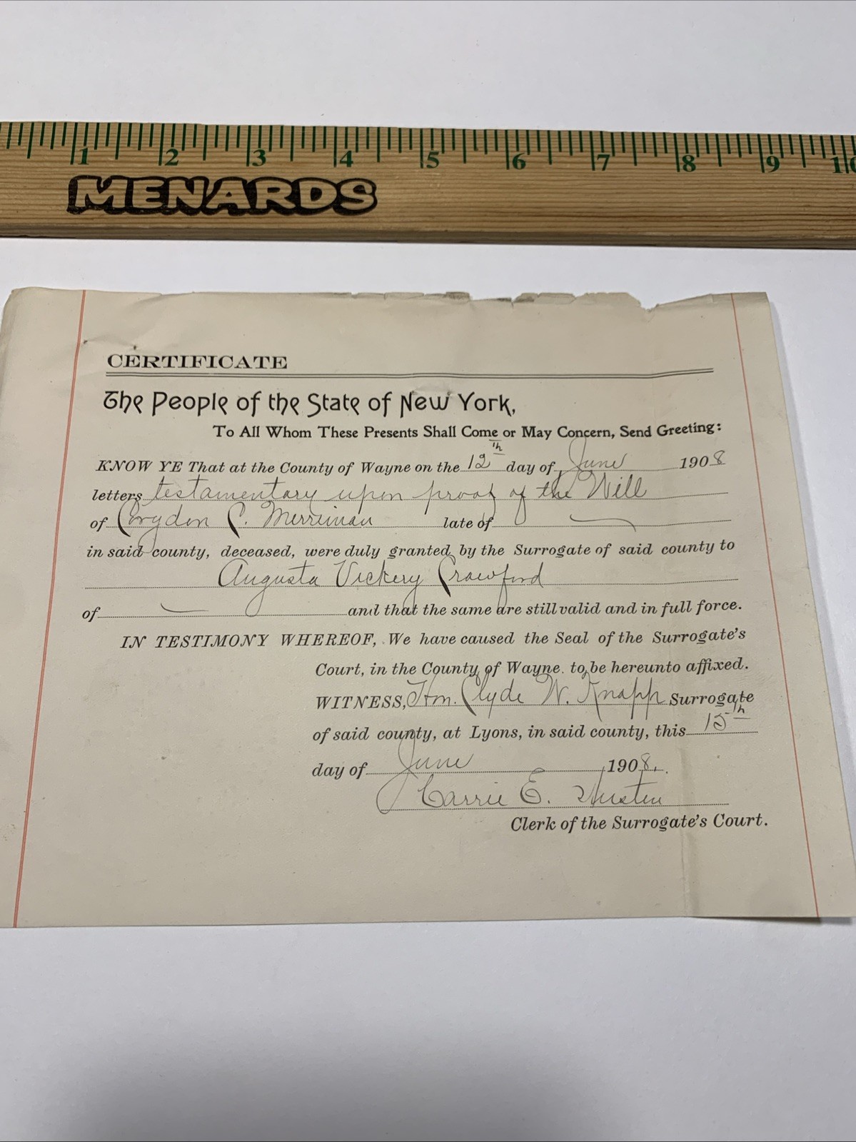 1908 NY Surrogate Court Certificate Phoebe Hearst Estate Homestake Mining Co