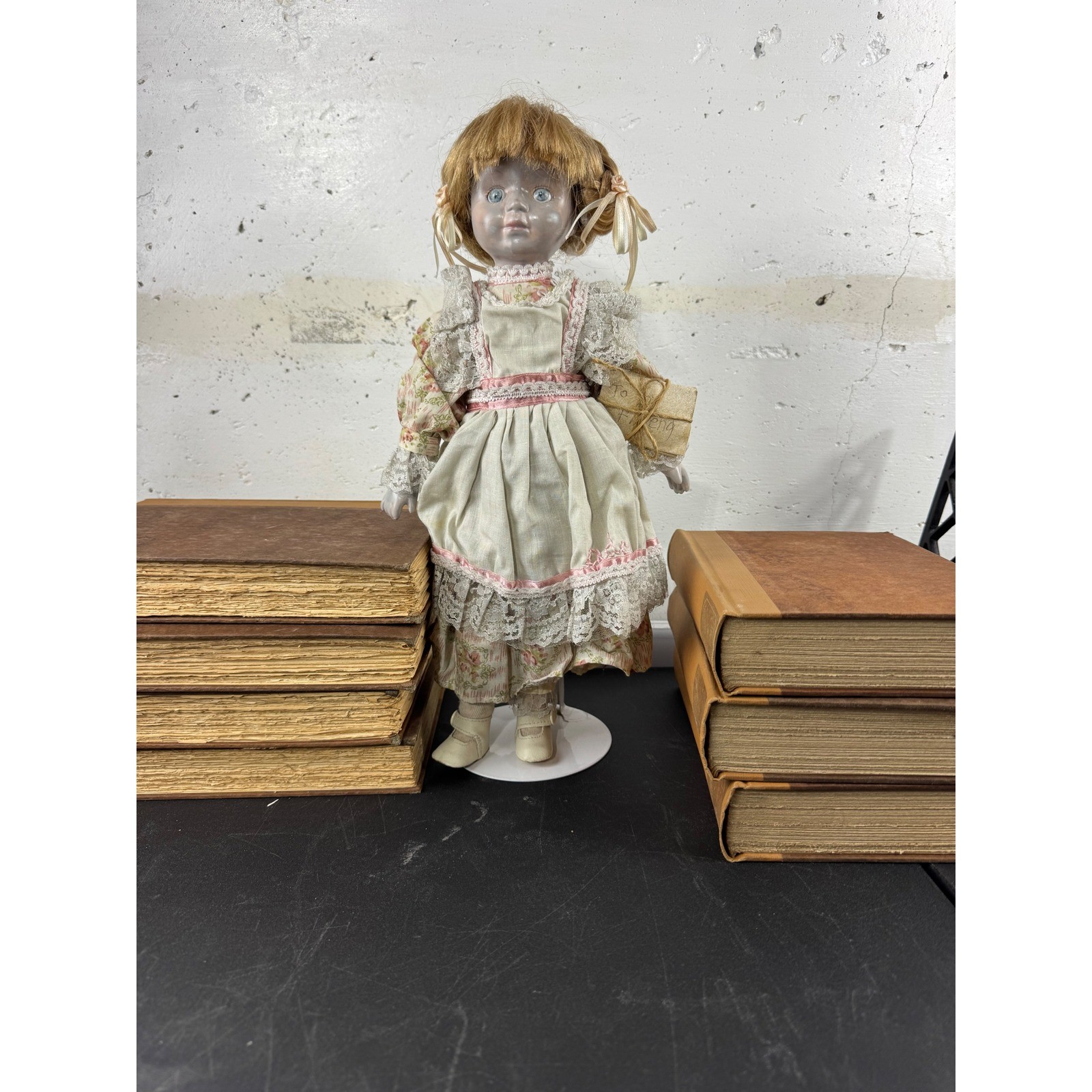 Vintage 15 Inch Porcelain Doll creepy Victorian Floral Lace Dress w/ Stand Vintage 15 Inch Porcelain Doll creepy Victorian Floral Lace Dress w/ Stand