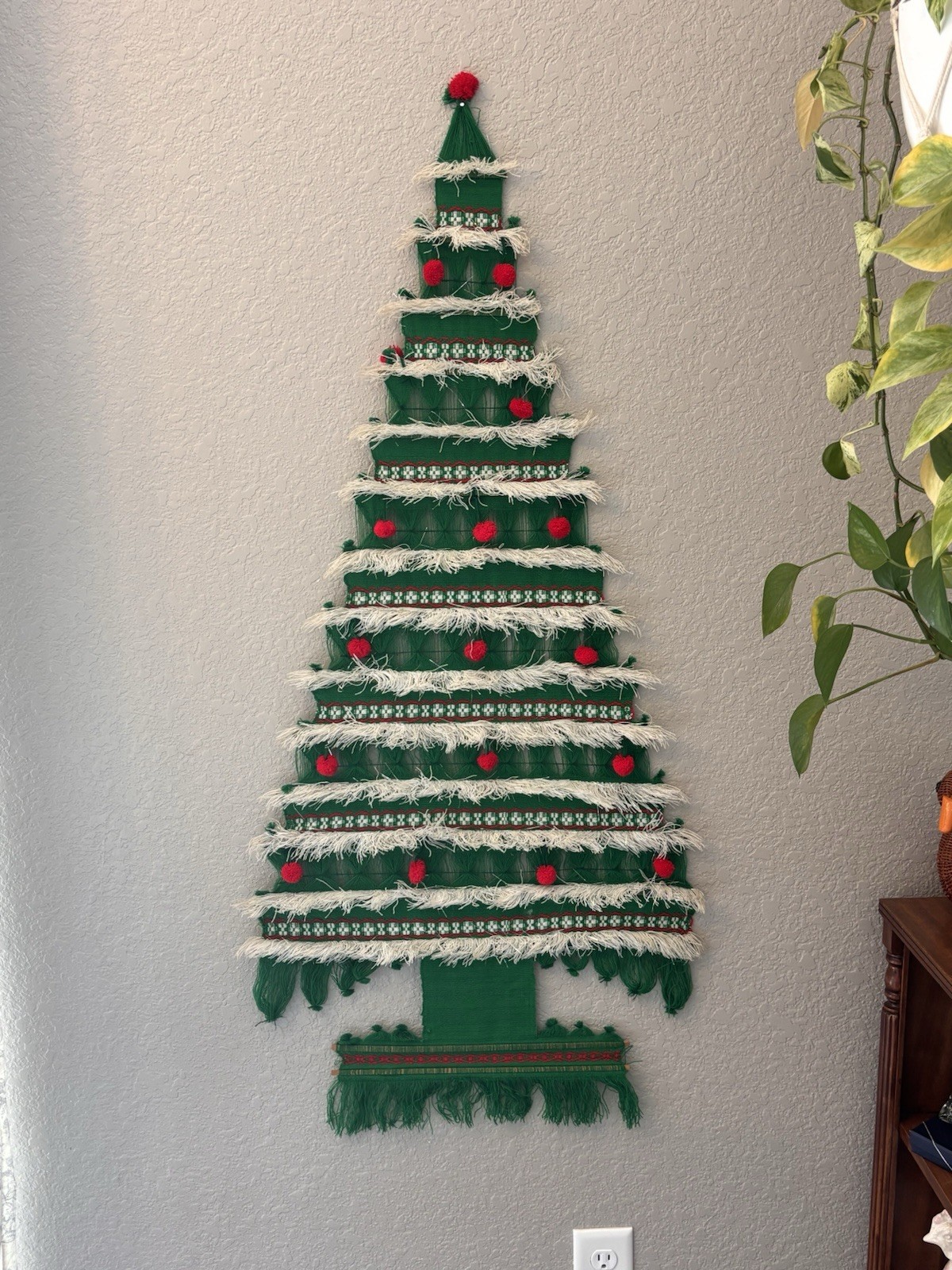 Vtg 70s Large Woven  Christmas Tree Wall Hanging Pom Pom Fringe 48x21 MCM