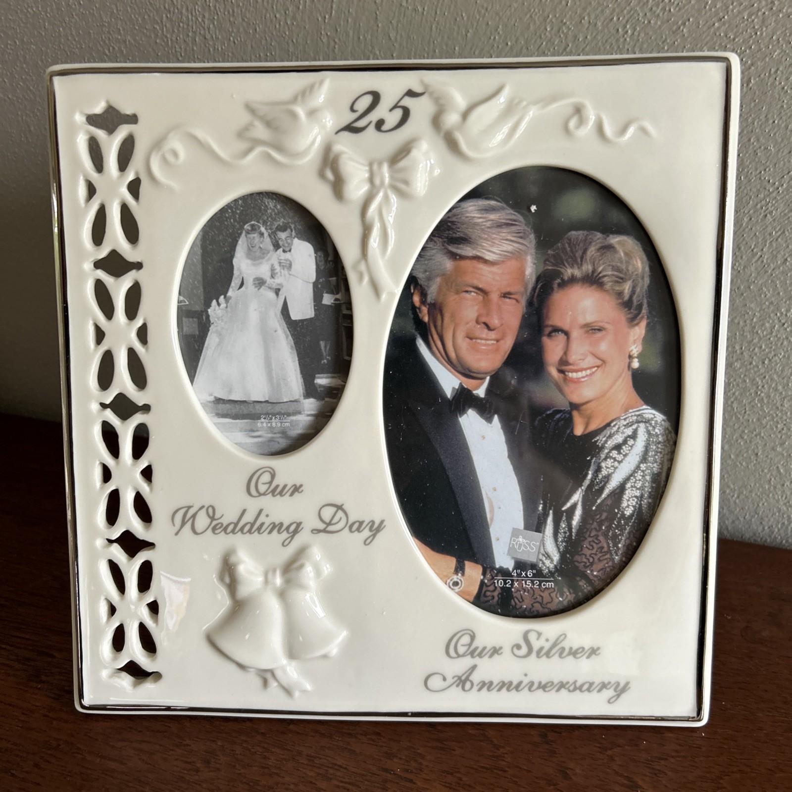 Russ Porcelain 25th Anniversary Frame White Lace Promises Hilds 2 Photos NIB Russ Porcelain 25th Anniversary Frame White Lace Promises Hilds 2 Photos NIB