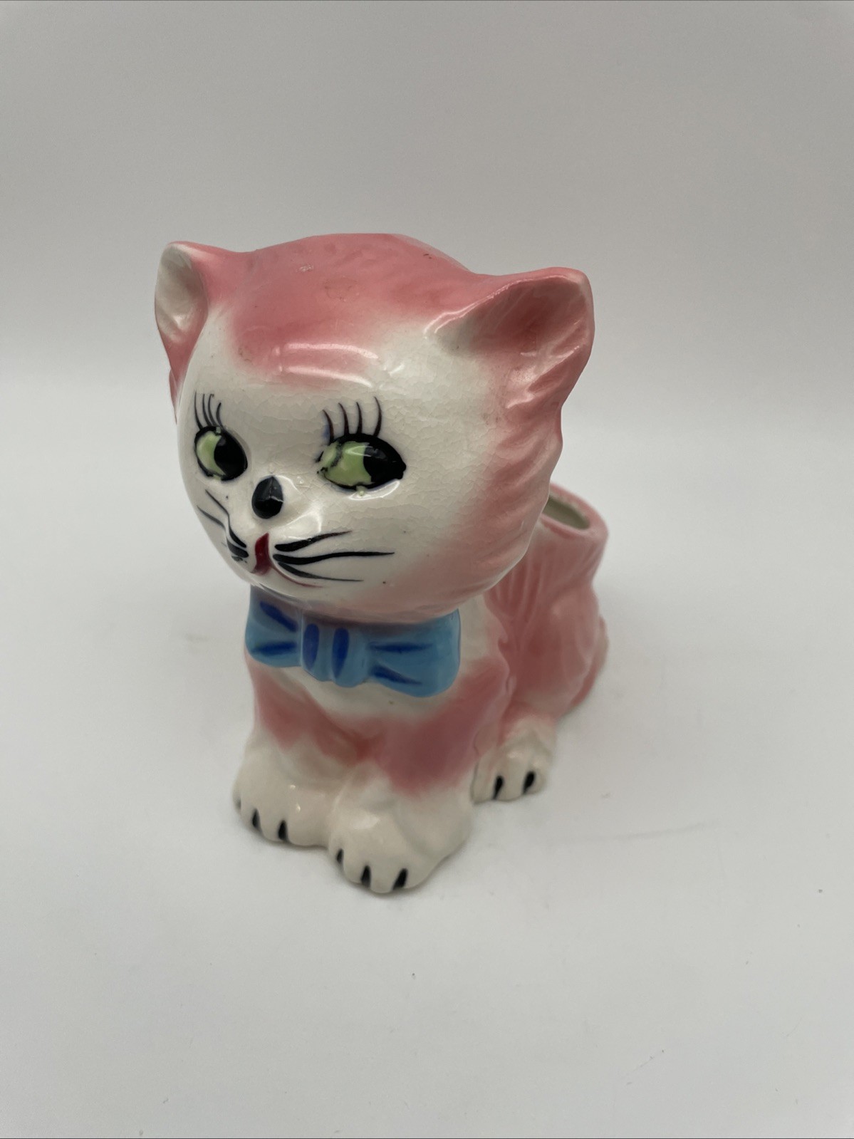 Vintage MCM Big Eyes Pink Kitten Cat Planter with Blue Bow 1950s Ceramic Plant Vintage MCM Big Eyes Pink Kitten Cat Planter with Blue Bow 1950s Ceramic Plant