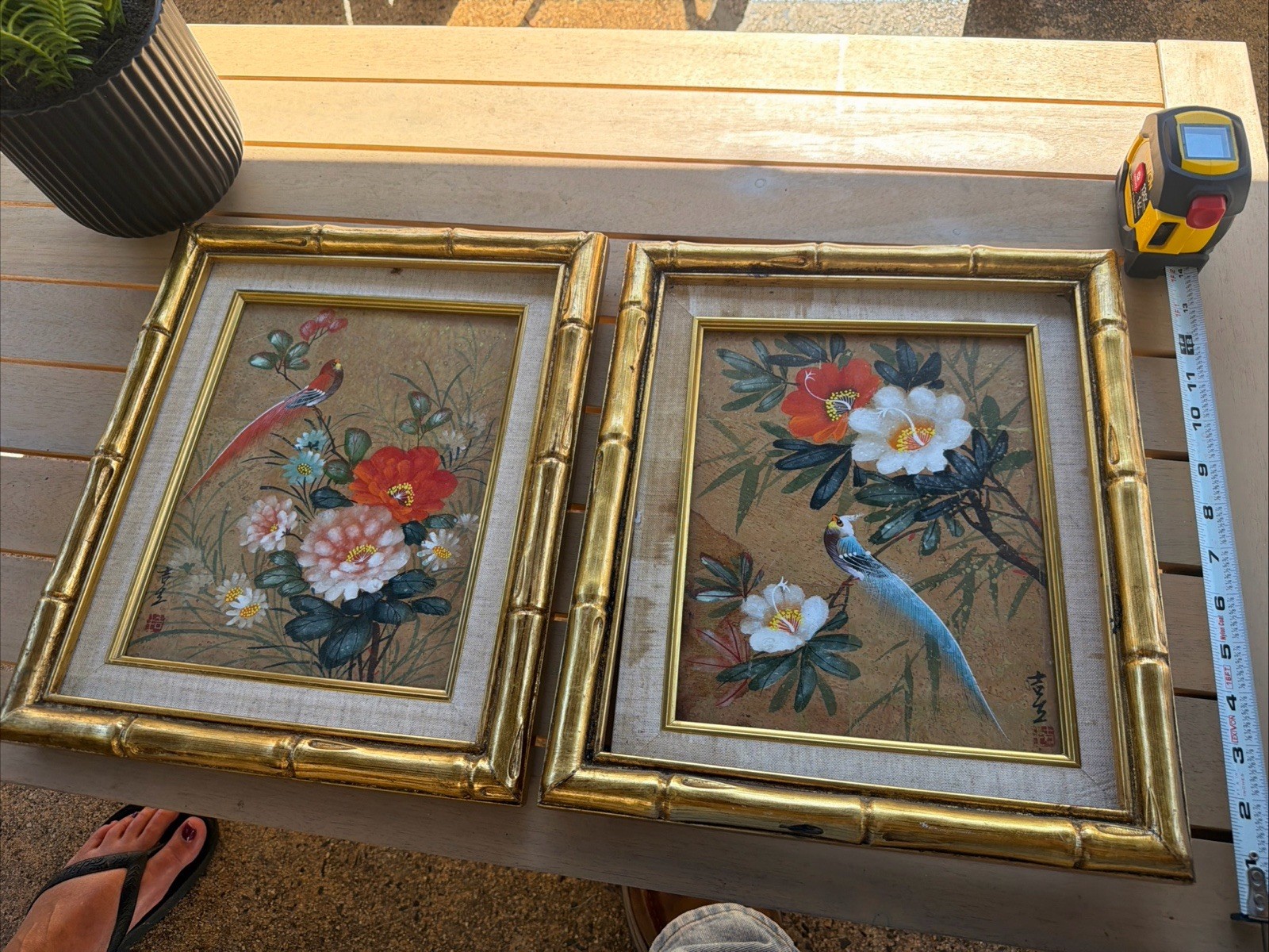 Pair Vintage China Bird Floral Prints Gold Faux Bamboo Frames Pair Vintage China Bird Floral Prints Gold Faux Bamboo Frames
